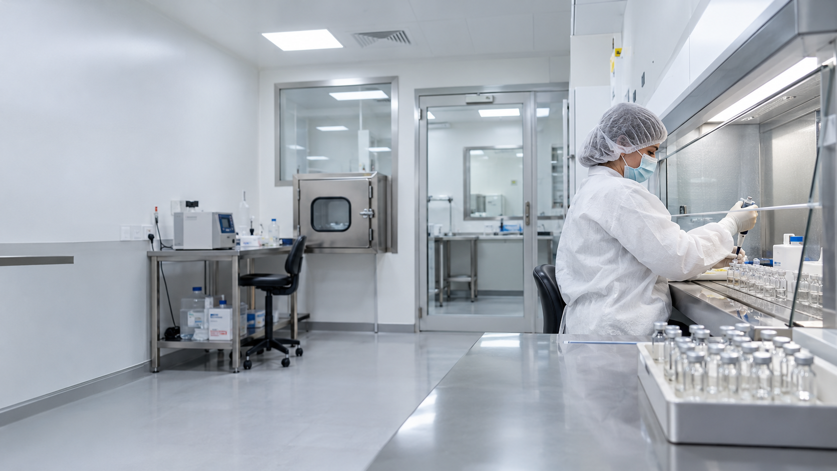 Aseptic fill-finish of sterile water vials under laminar airflow in GMP cleanroom